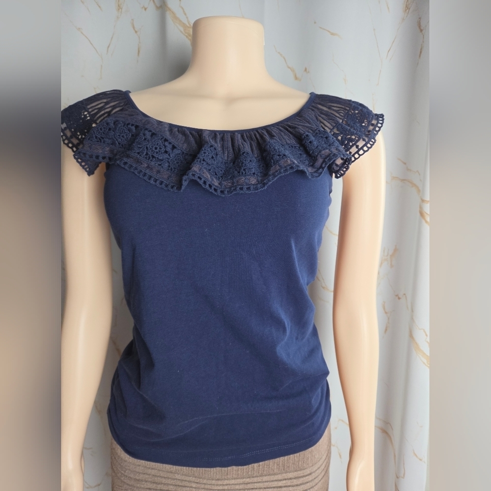 Women's Navy Lace Ruffle Tank Top